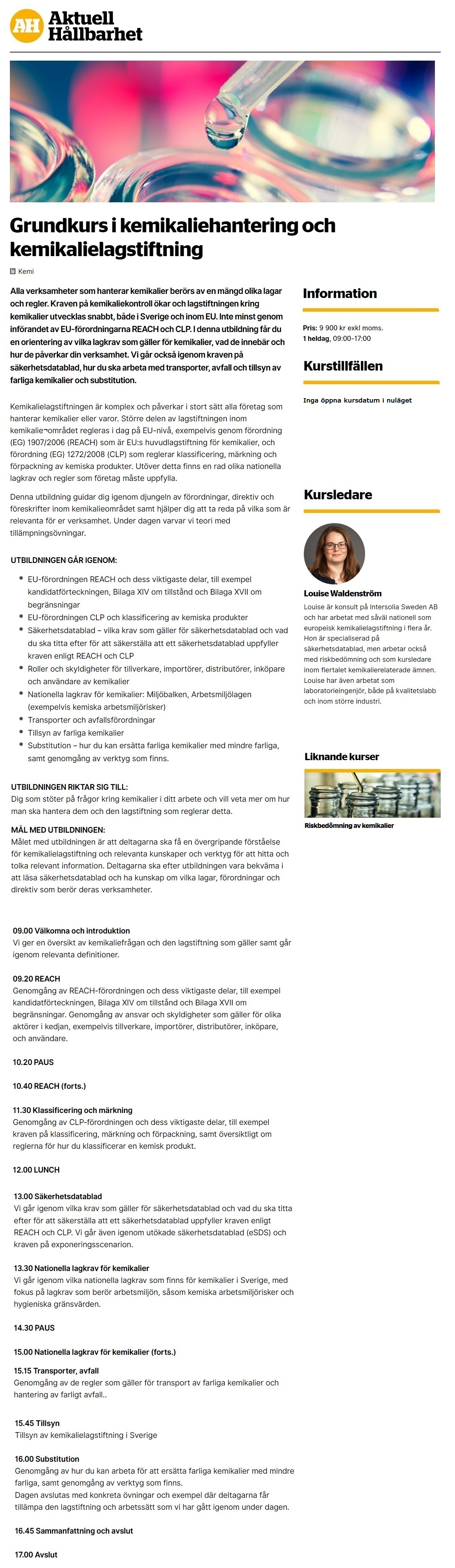 Grundkurs i kemikaliehantering och kemikalielagstiftning