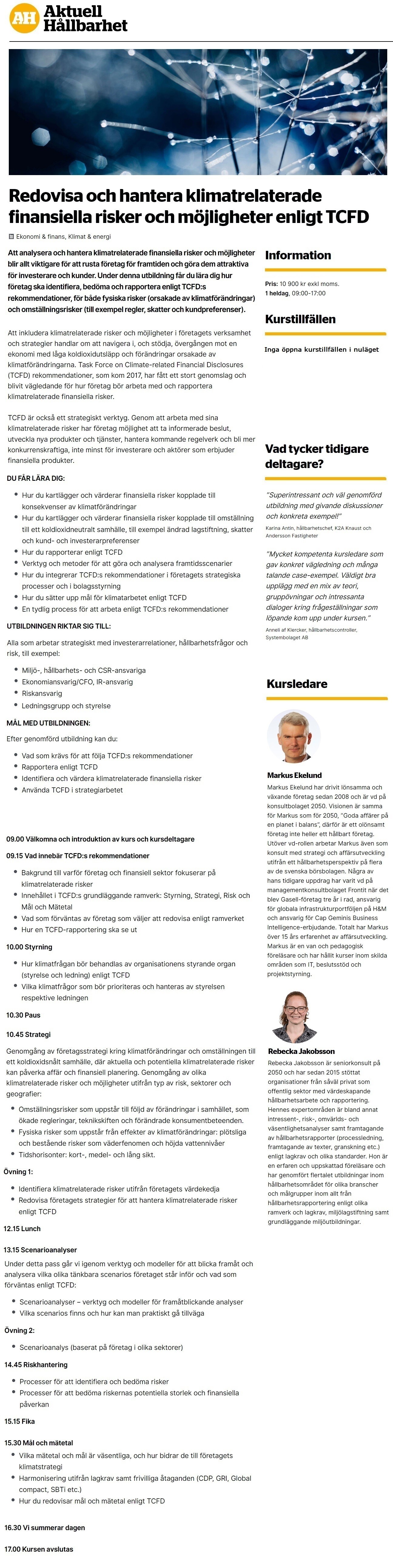 Redovisa och hantera klimatrelaterade finansiella risker och möjligheter enligt TCFD